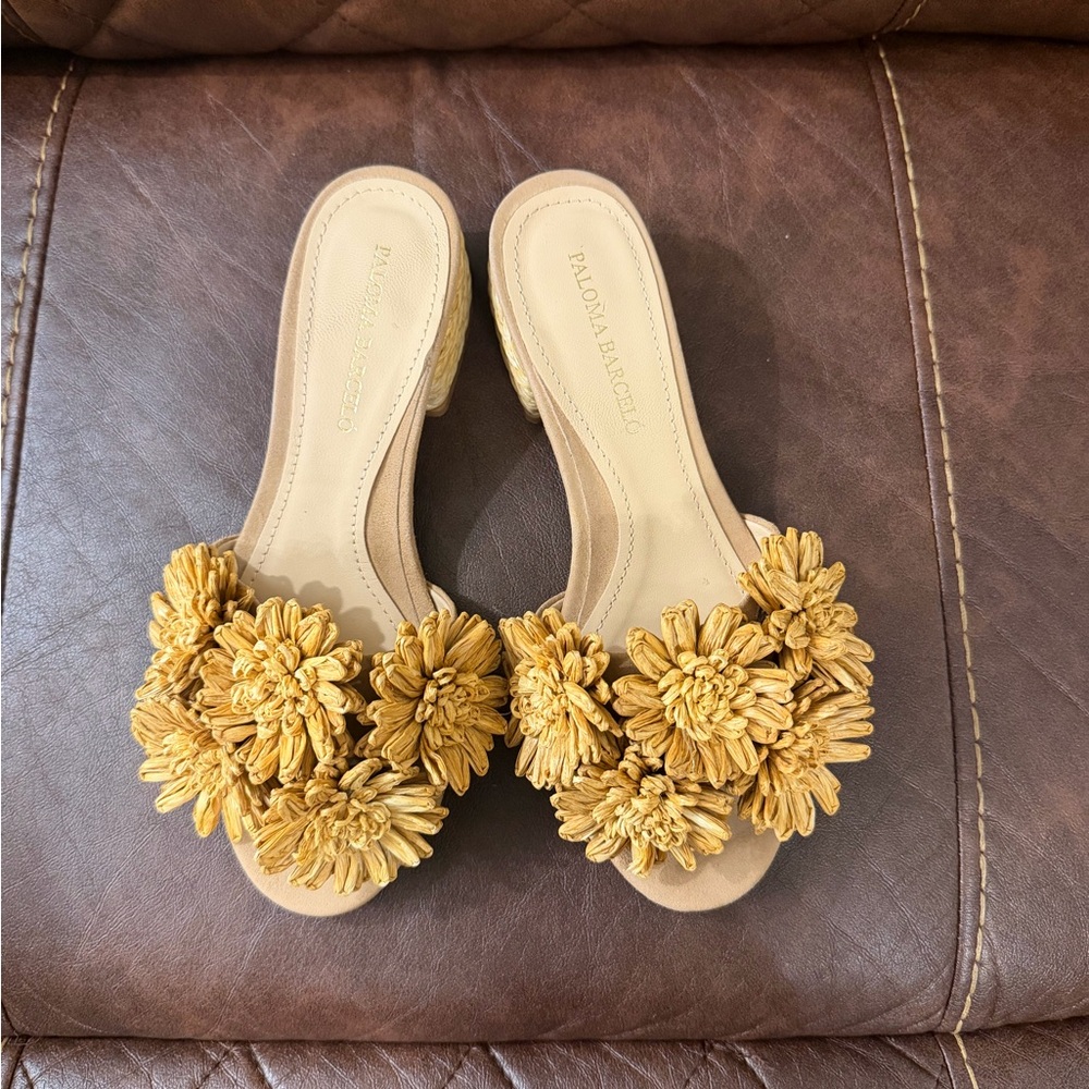 Paloma Barcelo Yellow Raffia Floral Block Heel Mules - Picture 4 of 10